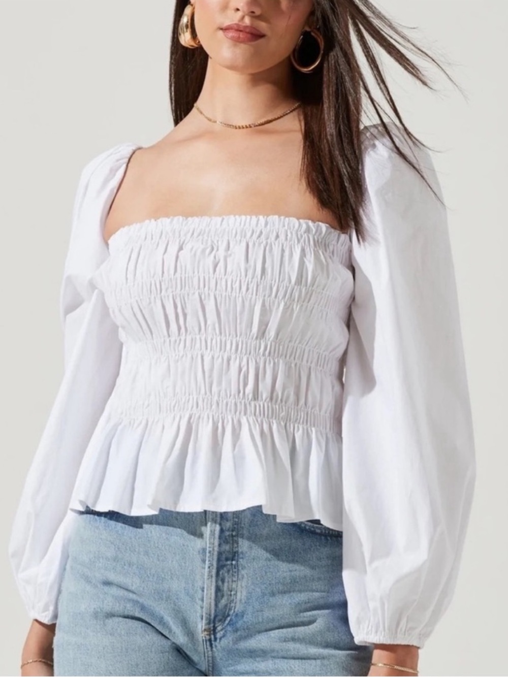 Astr White Smocked Peasant Blouse with Puff Sleeves